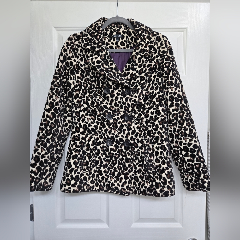 Apt. 9 Women's Leopard-Print Double-Breasted Peacoat - Black & Cream